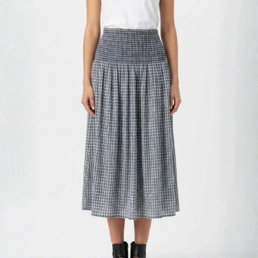 Nation LTD Nyla Gingham Smocked Midi Skirt Navy White Pima Cotton Medium (READ)
